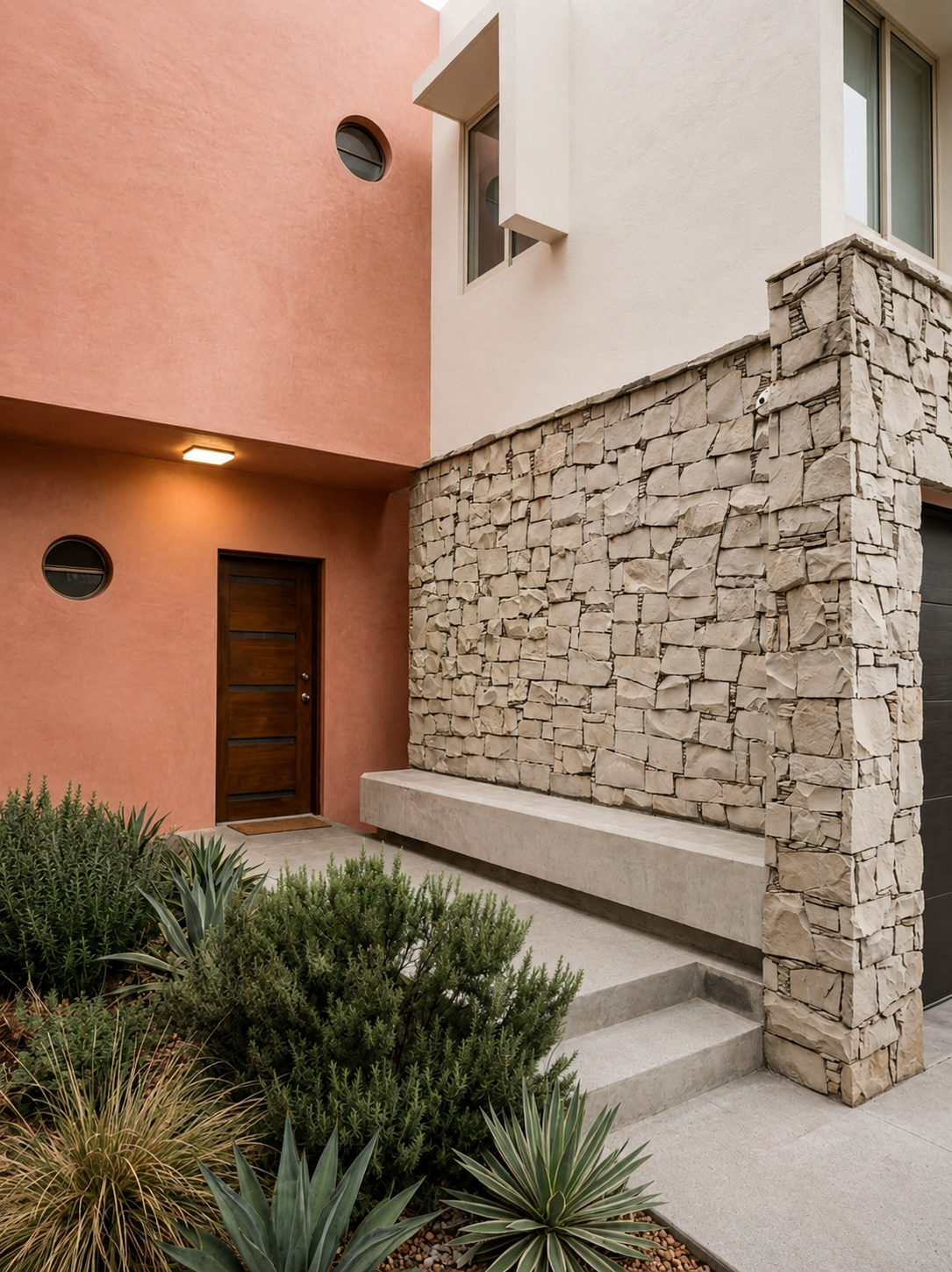 Fachada poniente de Casa 3113 — piedra, madera y rosa mexicano